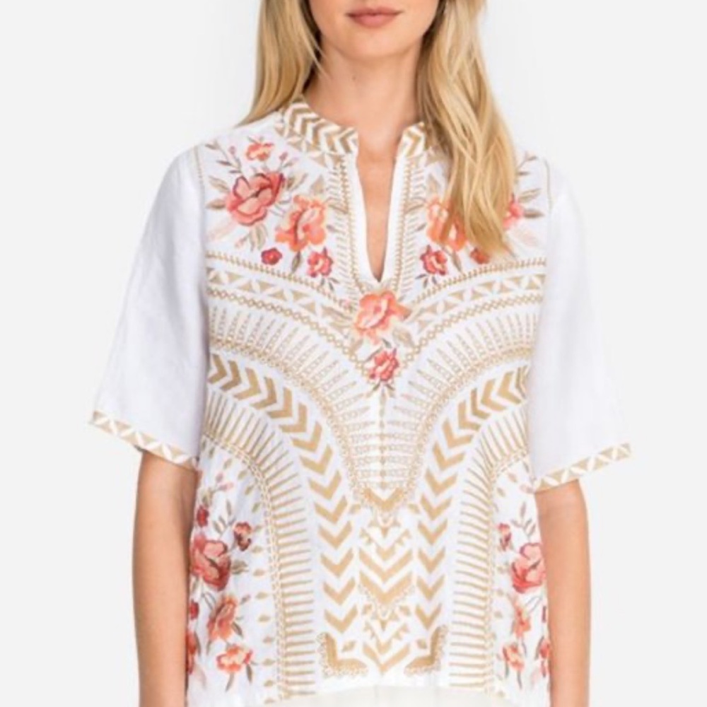 Johnny Was Rianne top medium white floral linen embossed - Picture 2 of 9